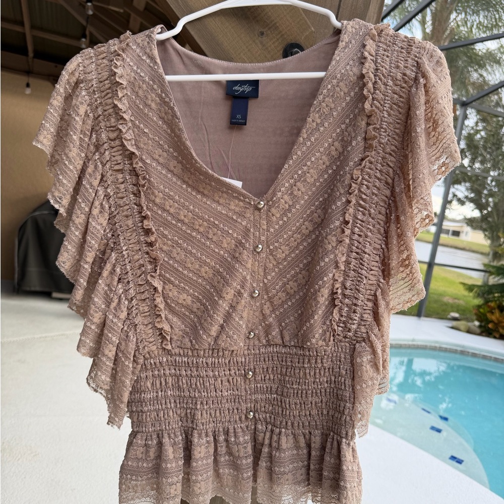 Daytrip- Ruffled Tan Blouse